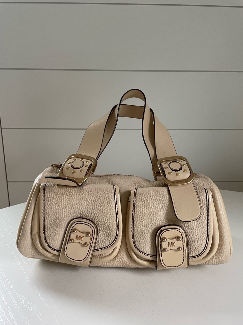 Michael Kors Pebbled Leather Satchel Cream Ivory Shoulder Bag Gold Hardware